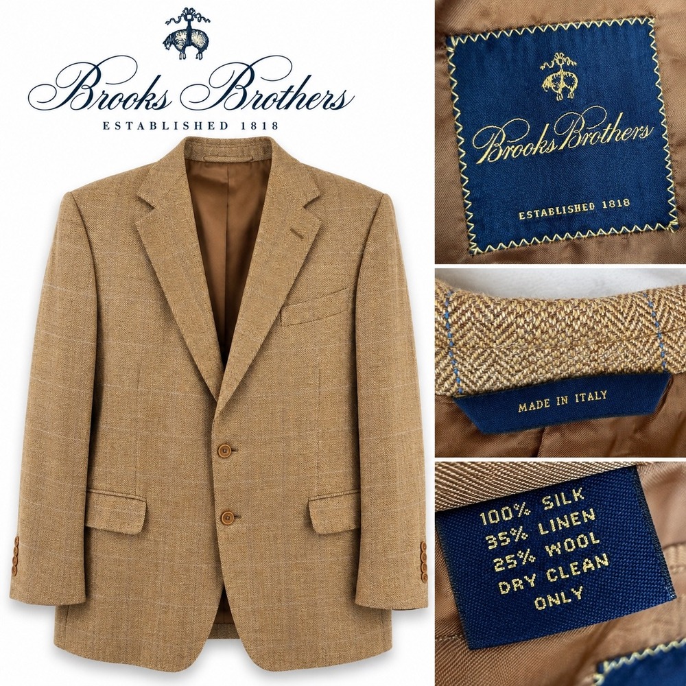 Brooks Brothers Silk Linen Wool Blazer Mens 44 Reg Tan Herringbone Made in Italy